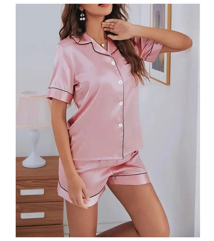 Pigiama Satin Donna - Top con Bottoni + Shorts - Set Notte Estat