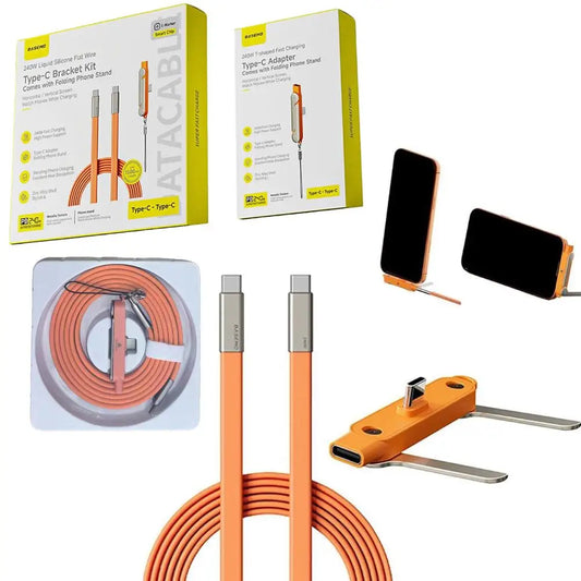 Cavo Type-C 240W con Supporto Pieghevole | Silicone Liquido Piatto 1.5m | Ricarica Rapida e Dati 480Mbps | per Gaming e Smartphone