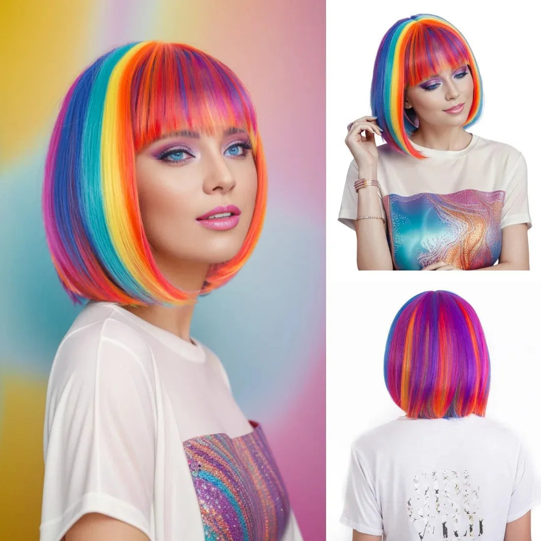 🌈 Parrucca Arcobaleno Bob Sintetica - Per Feste, Halloween e Cosplay!
Frangia colorata e effetto wow! Perfetta per ballare e stupire. 🎉✨
