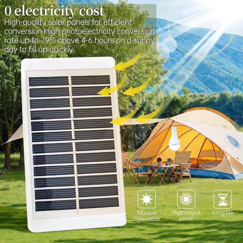 Lampadina Solare LED 7W/9W con Telecomando | Ricaricabile USB + Pannello Solare | Luce Sospensione per Esterno, Campeggio, Emergenza