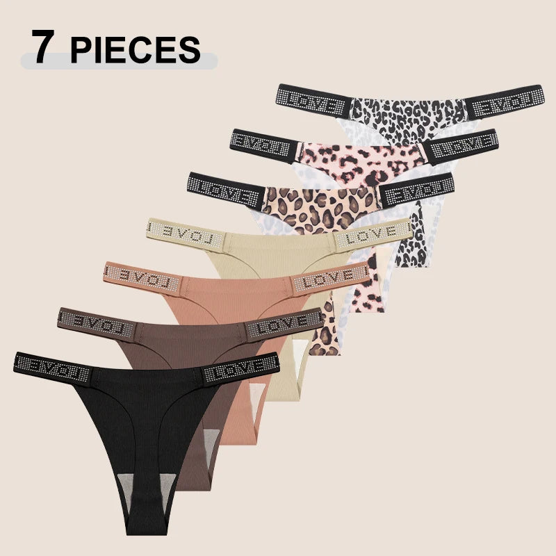 7 PERIZOMA LEOPARDO con LETTERA CRISTALLO - G-String Vita Bassa Senza Cuciture
