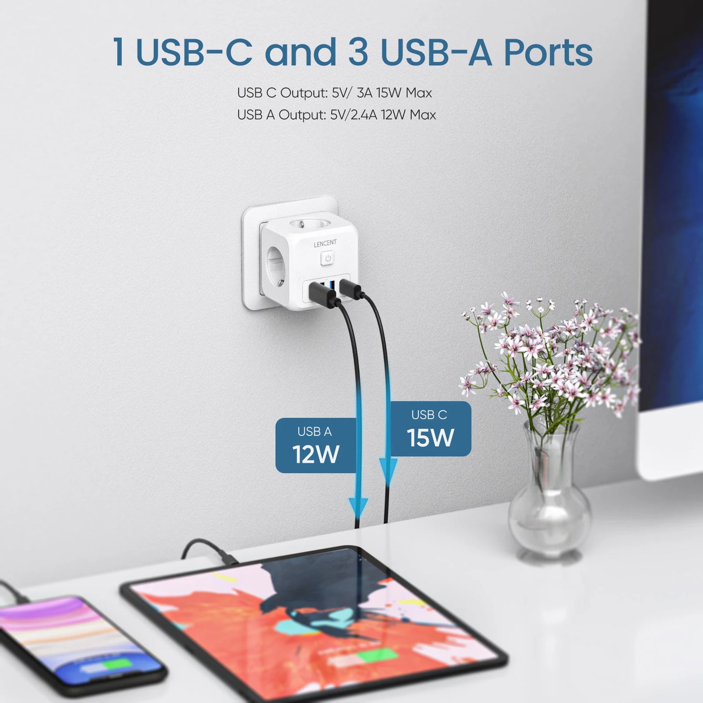 Extender Presa 7-in-1 - 3 USB + 1 Tipo C + 3 Prese EU con Interruttore