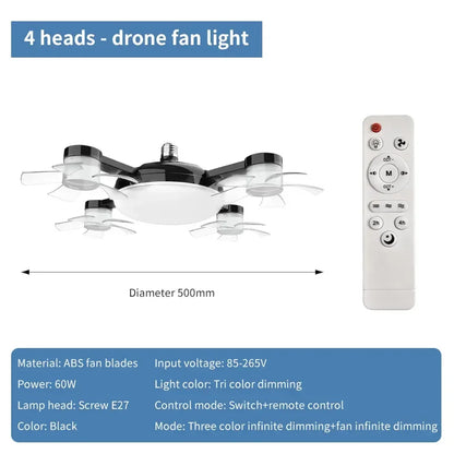 Lampada Soffitto a Ventilatore 2-in-1 60W | Design Drone, Telecomando, Silenziosa 30dB | per Casa, Ristorante, Ufficio