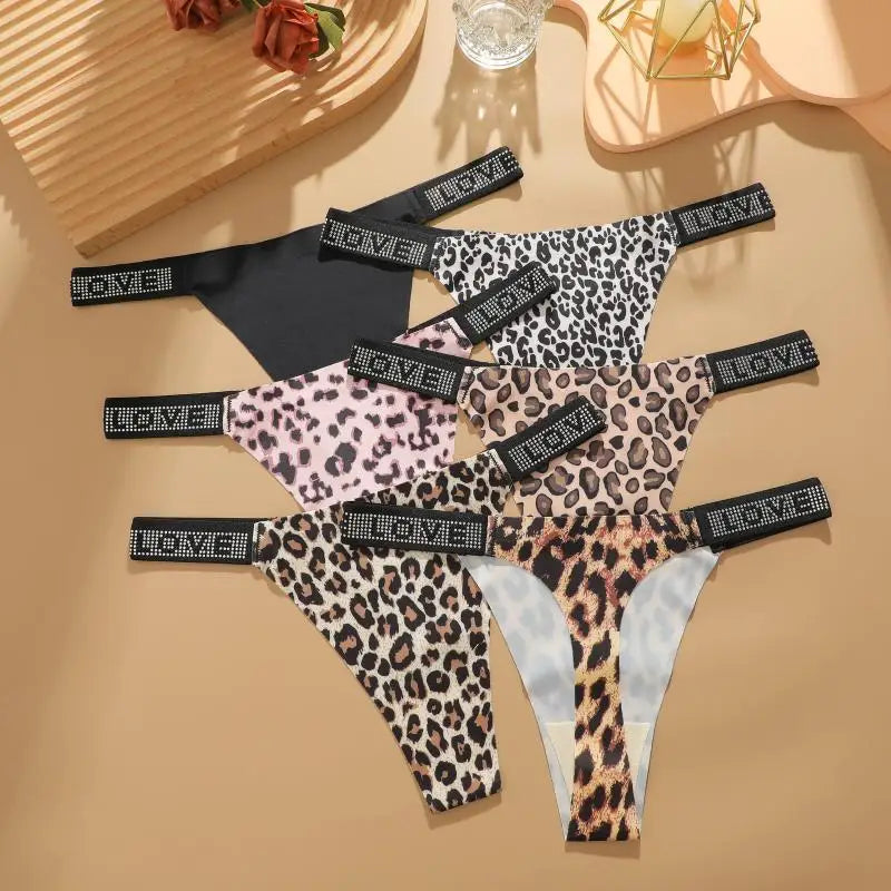 7 PERIZOMA LEOPARDO con LETTERA CRISTALLO - G-String Vita Bassa Senza Cuciture