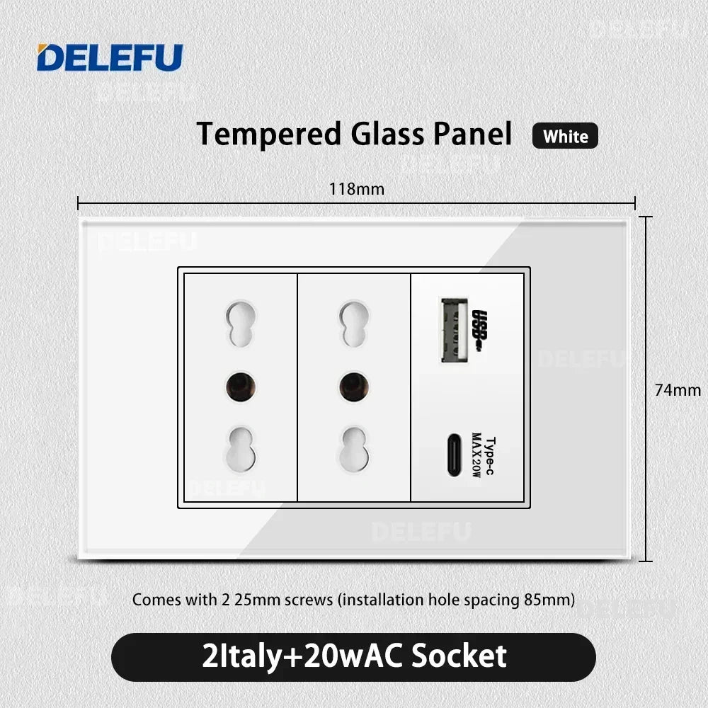 ⚡ Presa Muro Smart DELEFU - Vetro Temperato Bianco, USB Type-C, Ricarica Rapida 20W, Compatibile con Schuko Italia
