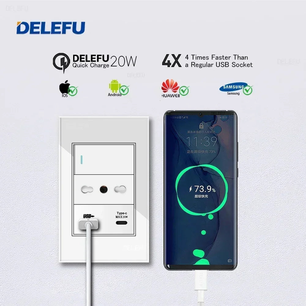 ⚡ Presa Muro Smart DELEFU - Vetro Temperato Bianco, USB Type-C, Ricarica Rapida 20W, Compatibile con Schuko Italia