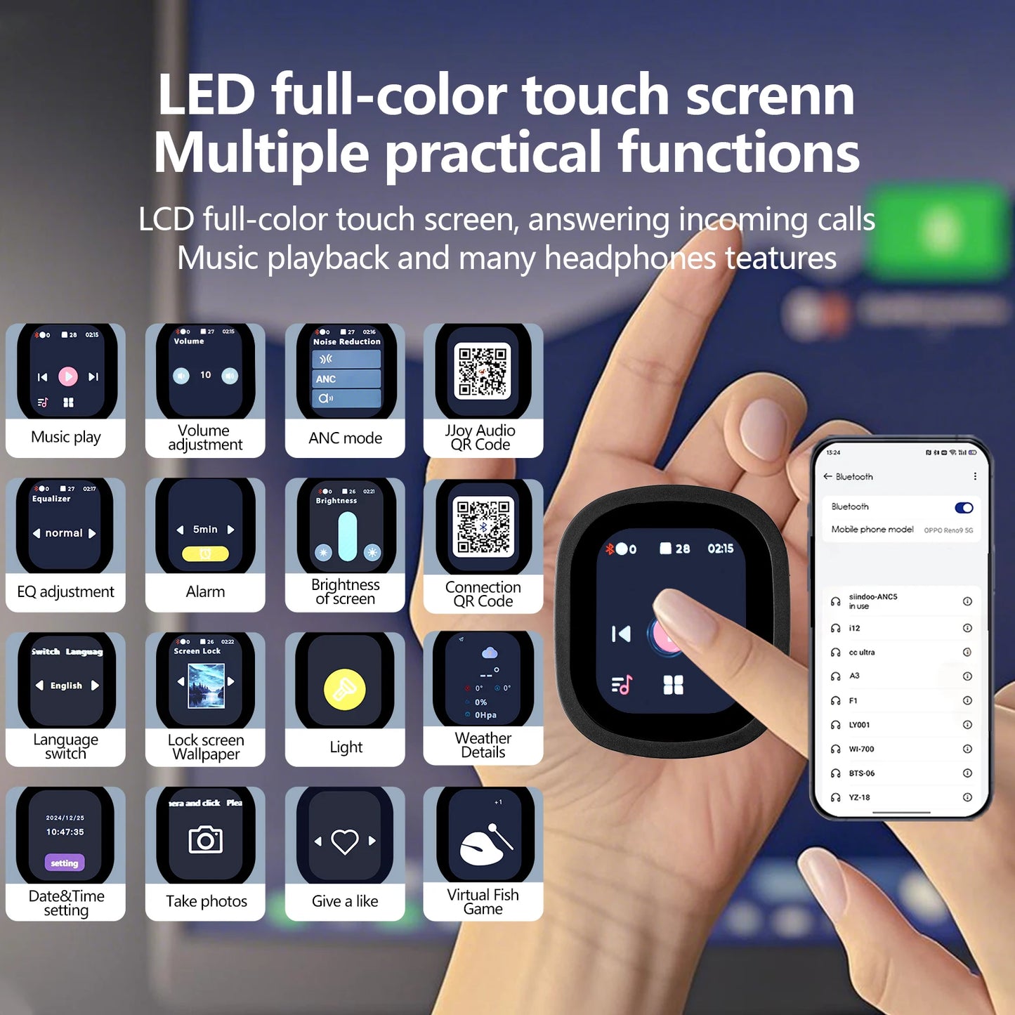 Cuffie con Schermo Touch JH-ANC930Plus - Cancellazione Rumore Ibrida, Schermo LED, Bluetooth 5.3