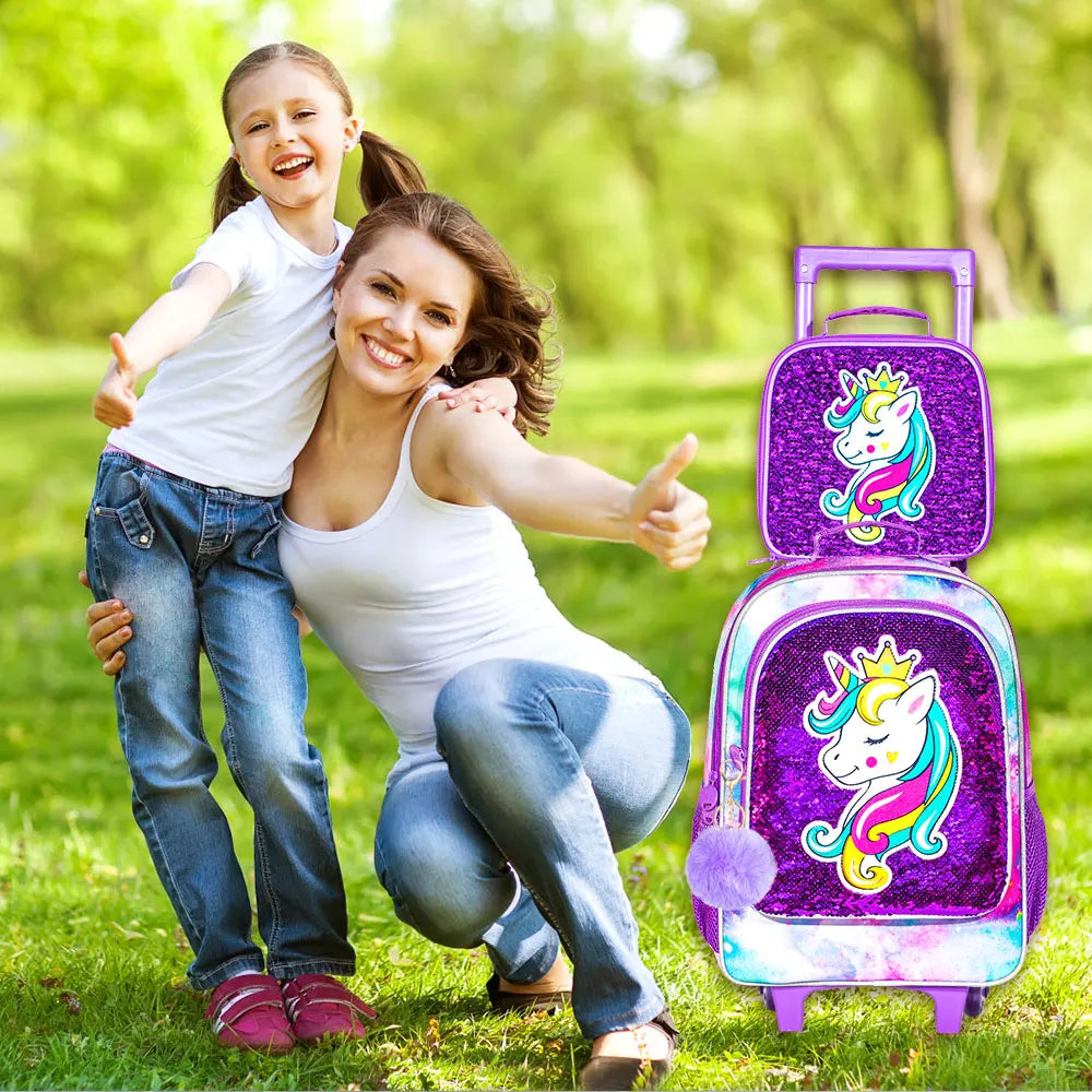 🦄 Zaino Trolley Unicorn 3-in-1 - Set Scuola con Portapranzo + Astuccio