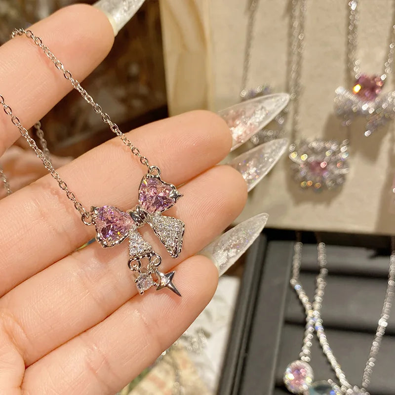 Collana Elegante con Fiocco Cristallo Rosa Stile Aesthetic