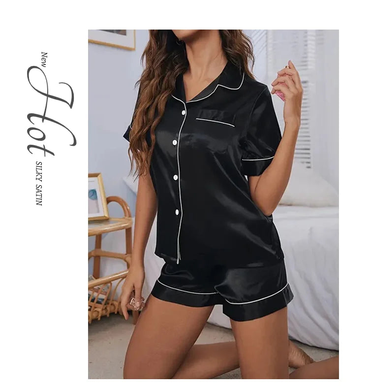 Pigiama Satin Donna - Top con Bottoni + Shorts - Set Notte Estat