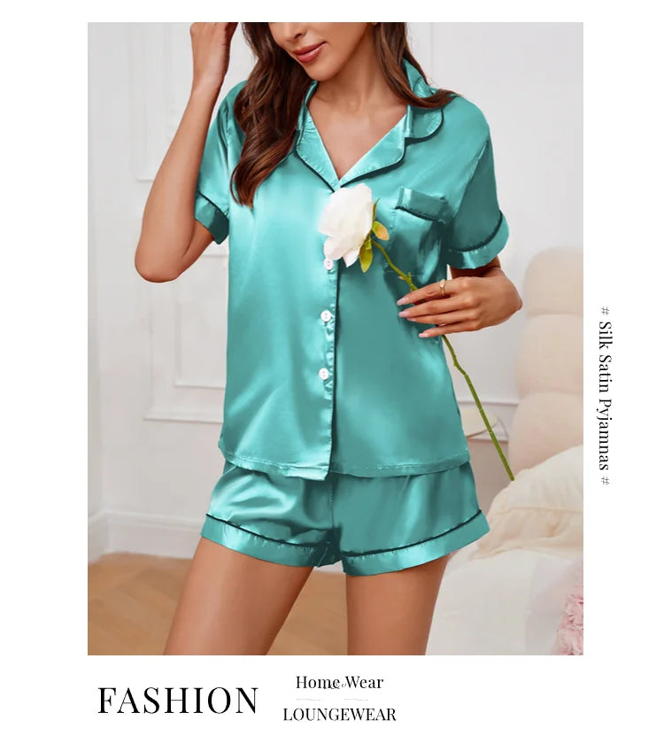 Pigiama Satin Donna - Top con Bottoni + Shorts - Set Notte Estat
