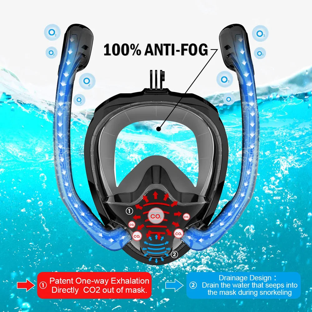 Maschera Snorkeling Panoramica 180° - Antiappannamento, Dry Top, 2 Snorkel