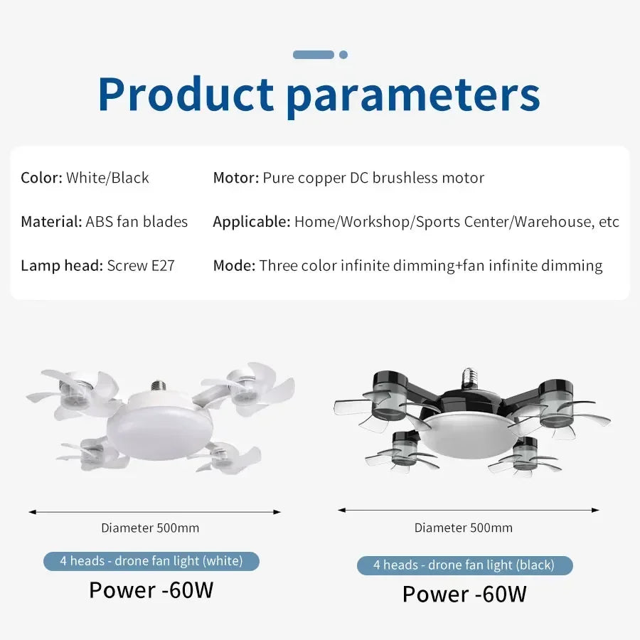 Lampada Soffitto a Ventilatore 2-in-1 60W | Design Drone, Telecomando, Silenziosa 30dB | per Casa, Ristorante, Ufficio