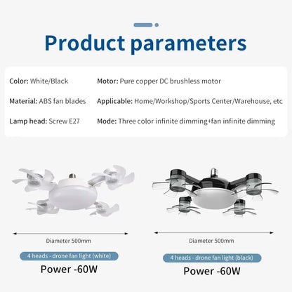 Lampada Soffitto a Ventilatore 2-in-1 60W | Design Drone, Telecomando, Silenziosa 30dB | per Casa, Ristorante, Ufficio