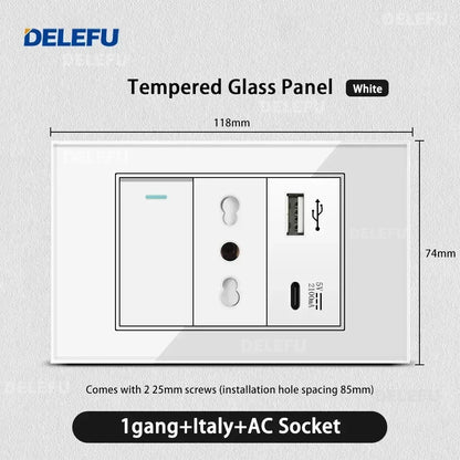 ⚡ Presa Muro Smart DELEFU - Vetro Temperato Bianco, USB Type-C, Ricarica Rapida 20W, Compatibile con Schuko Italia