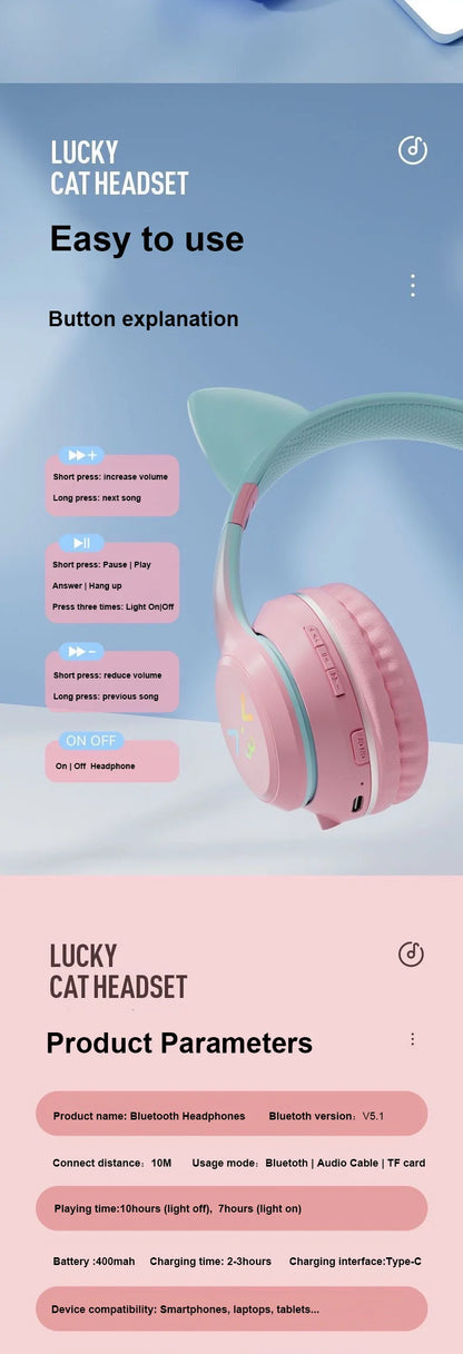 Cuffie Bluetooth 5.1 con Orecchie di Gatto e Luci LED RGB