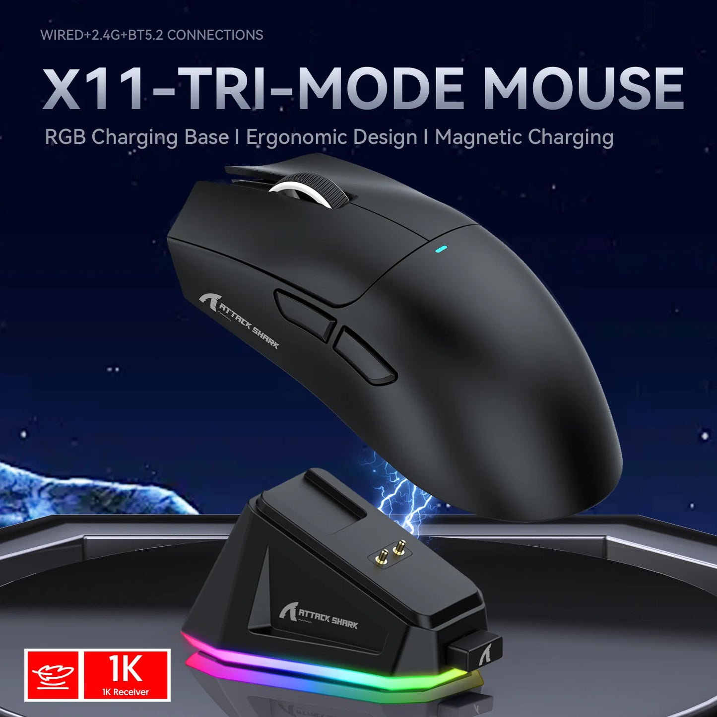 Mouse Gaming Attack Shark X11 🎮 | Trimodale BT/2.4G/Cavo | Dock Ricarica Magnetica | 22K DPI