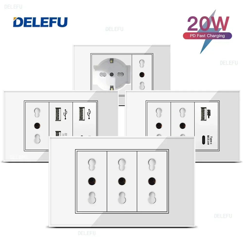 ⚡ Presa Muro Smart DELEFU - Vetro Temperato Bianco, USB Type-C, Ricarica Rapida 20W, Compatibile con Schuko Italia