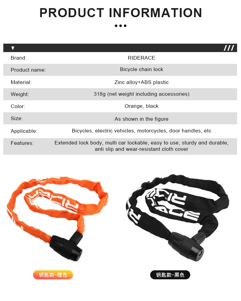 Lucchetto Catena RIDERACE per Bici/Scooter - Antifurto Alta Sicurezza con 2 Chiavi