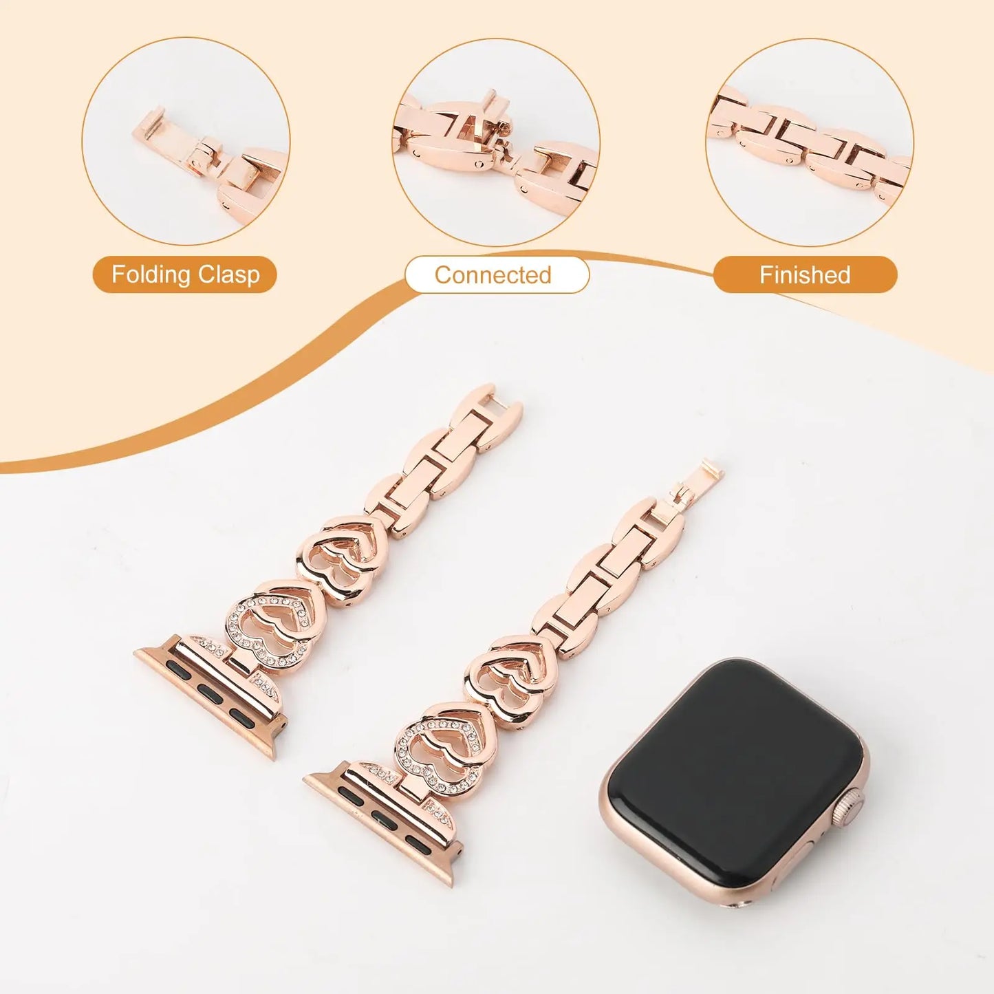 Cinturino Apple Watch Cuore Diamantato, Metallico con Cristalli, Regolabile 38-49mm