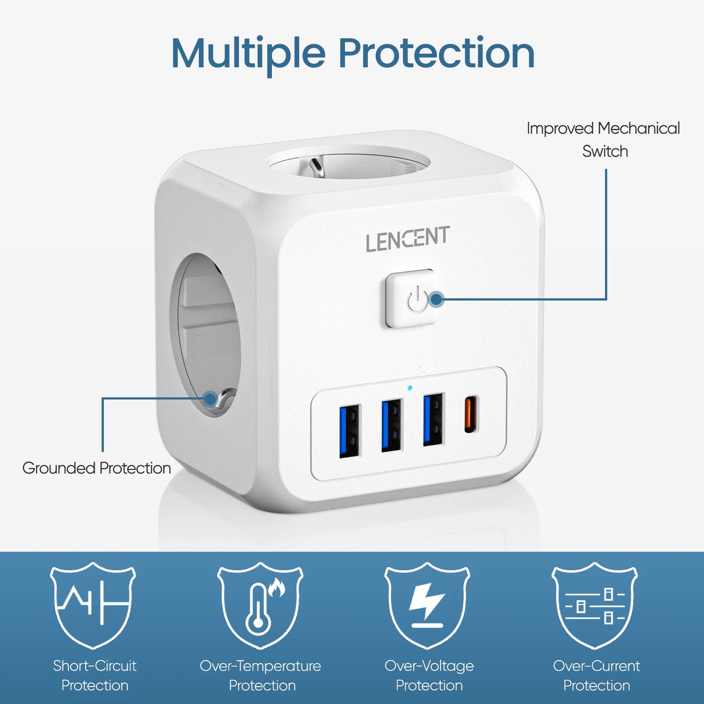 Extender Presa 7-in-1 - 3 USB + 1 Tipo C + 3 Prese EU con Interruttore
