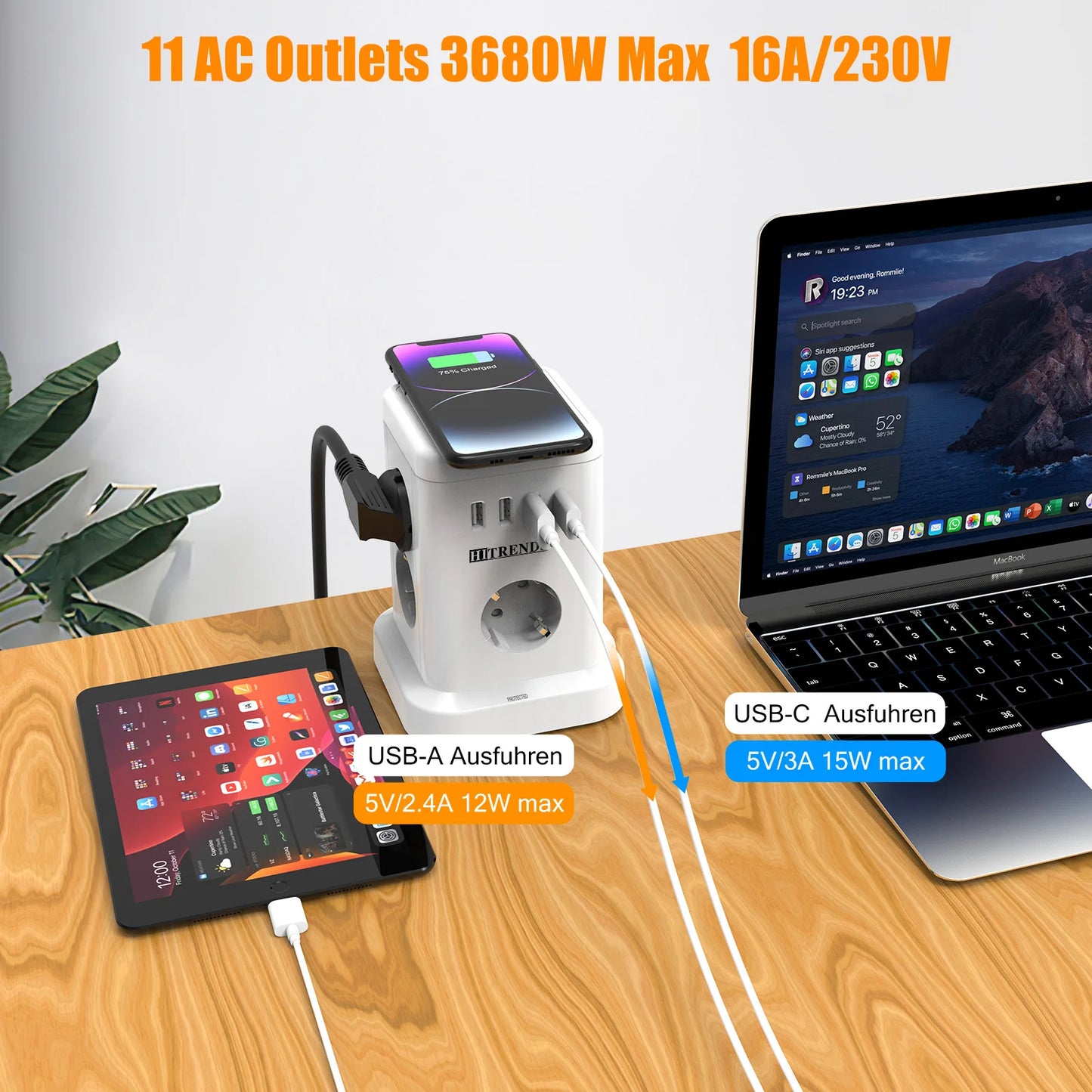 Ciabatta 11 Prese UE con Ricarica Wireless 15W, 4 USB, 2m