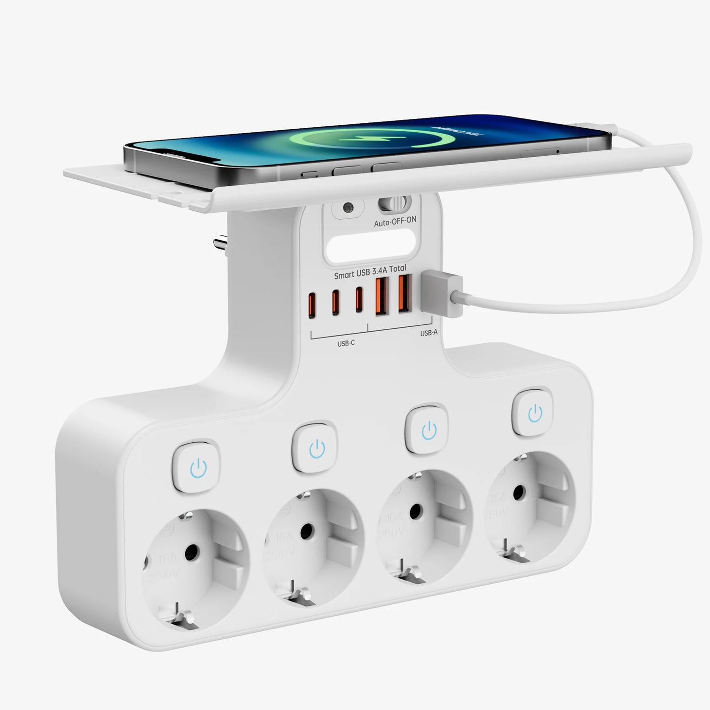 Ciabatta Multifunzione 4000W con USB-C – 4 Prese, Luce Notturna e Supporto Telefono