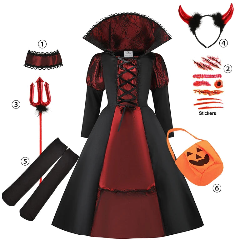 👻 Vestito Sposa Vampiro per Bambini - Maniche a Sbuffo, Stile Gotico con Fiocchi, Per Halloween e Feste!