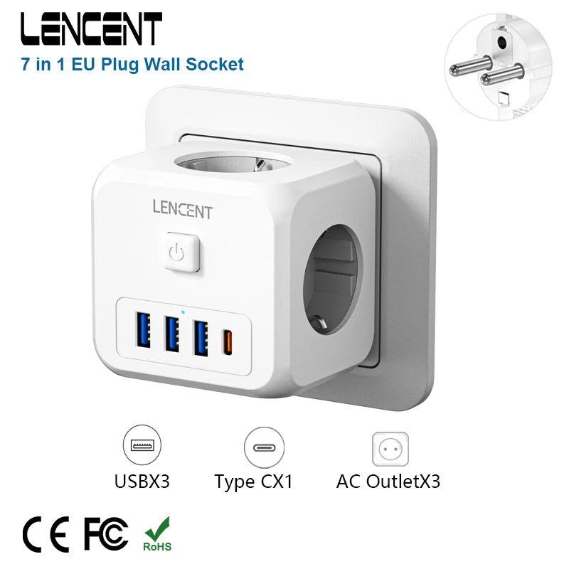 Extender Presa 7-in-1 - 3 USB + 1 Tipo C + 3 Prese EU con Interruttore