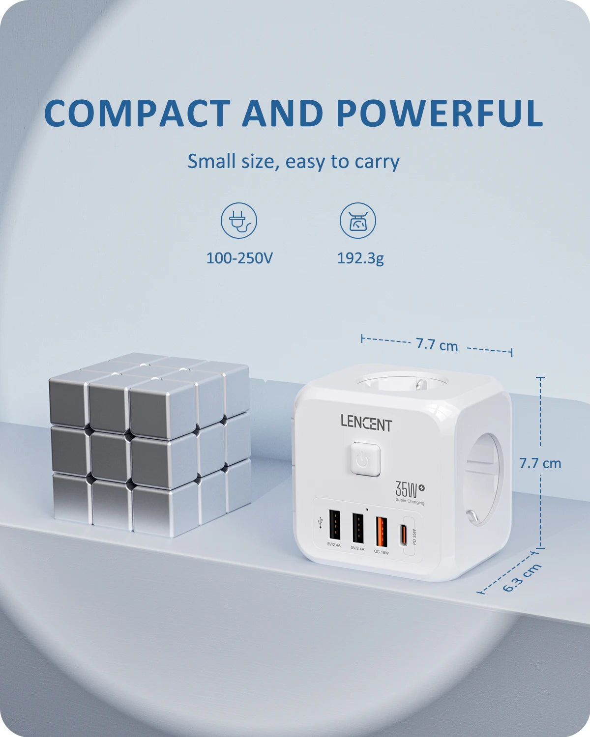 Extender Presa 7-in-1 - 3 USB + 1 Tipo C + 3 Prese EU con Interruttore
