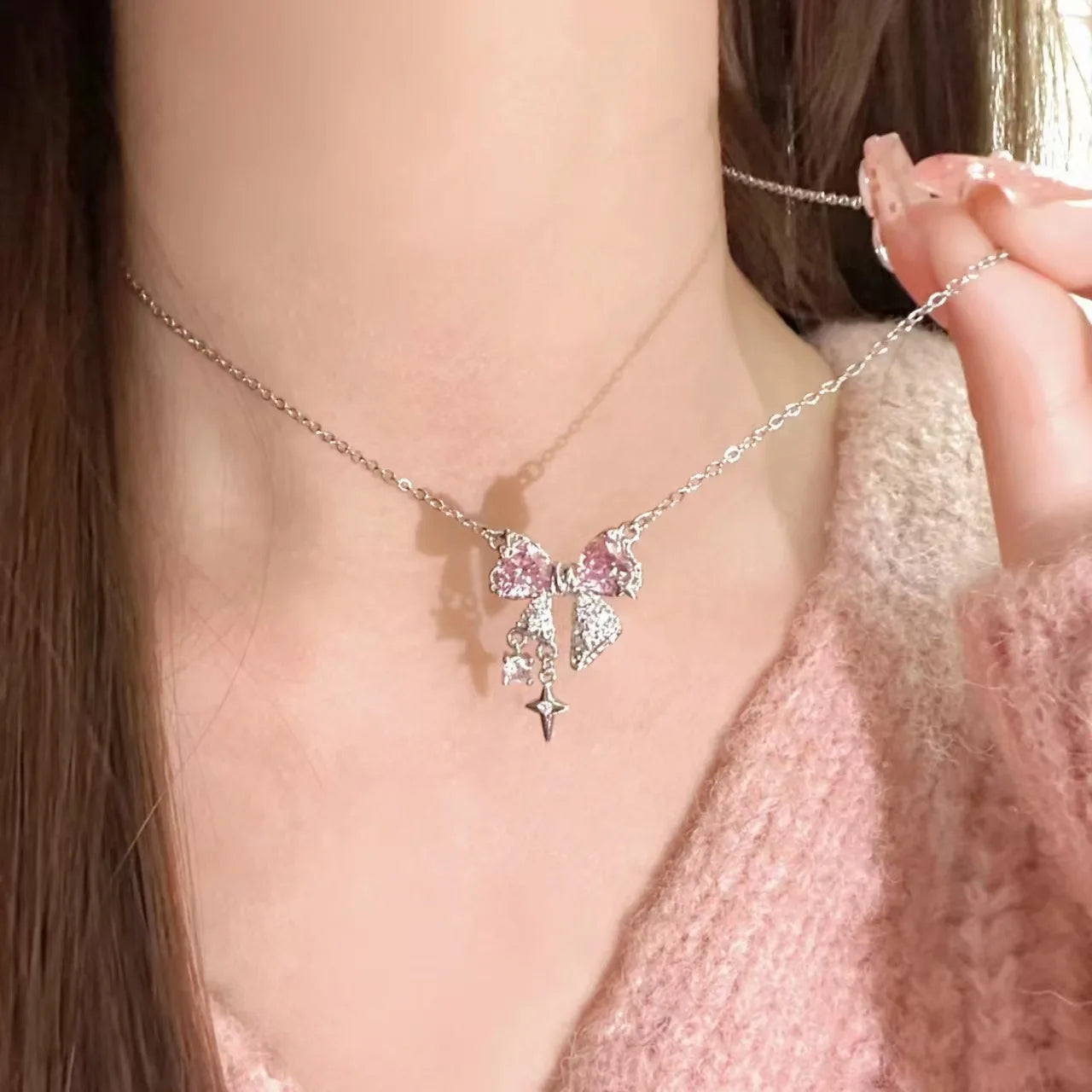 Collana Elegante con Fiocco Cristallo Rosa Stile Aesthetic