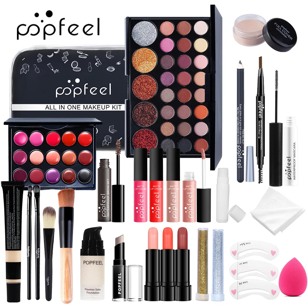 Trucco Completo Tutto-in-Uno popfeel - Kit Makeup con Ombretti, Fondotinta, Pennelli, Gloss Labbra