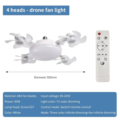 Lampada Soffitto a Ventilatore 2-in-1 60W | Design Drone, Telecomando, Silenziosa 30dB | per Casa, Ristorante, Ufficio