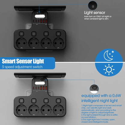 Ciabatta Multifunzione 4000W con USB-C – 4 Prese, Luce Notturna e Supporto Telefono