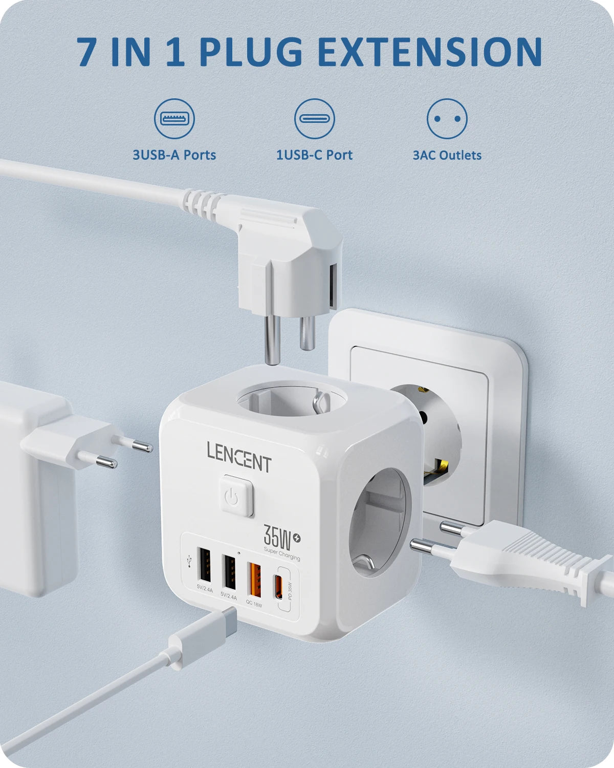 Extender Presa 7-in-1 - 3 USB + 1 Tipo C + 3 Prese EU con Interruttore