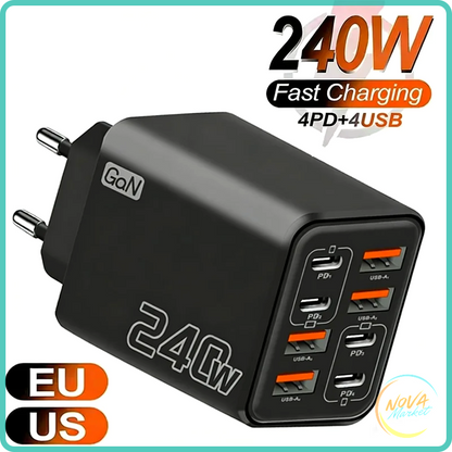 Caricatore USB C GaN 240W 8 in 1 da parete