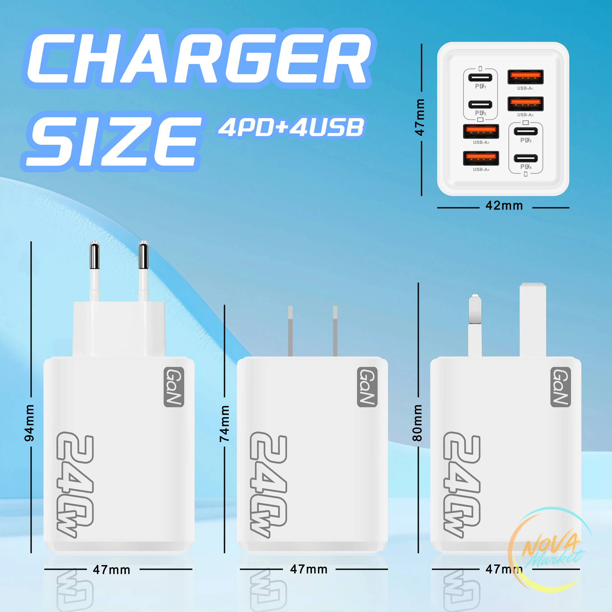 Caricatore USB C GaN 240W 8 in 1 da parete