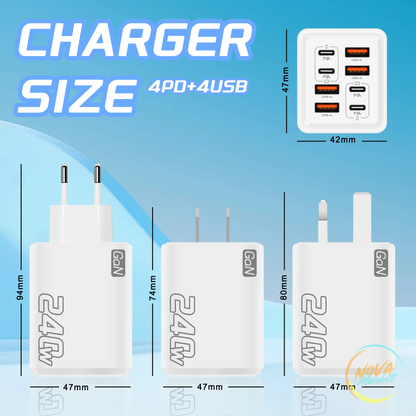 Caricatore USB C GaN 240W 8 in 1 da parete