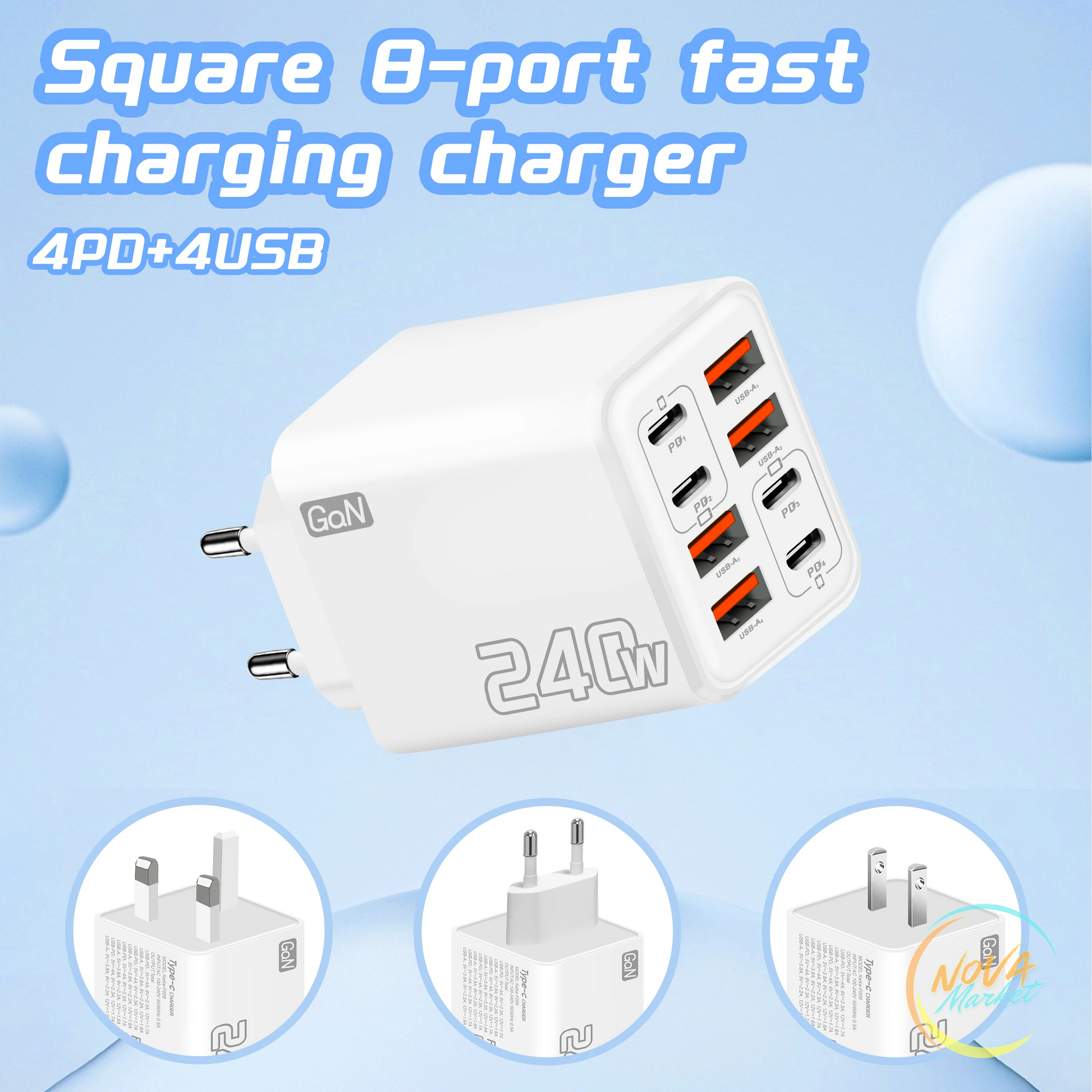 Caricatore USB C GaN 240W 8 in 1 da parete