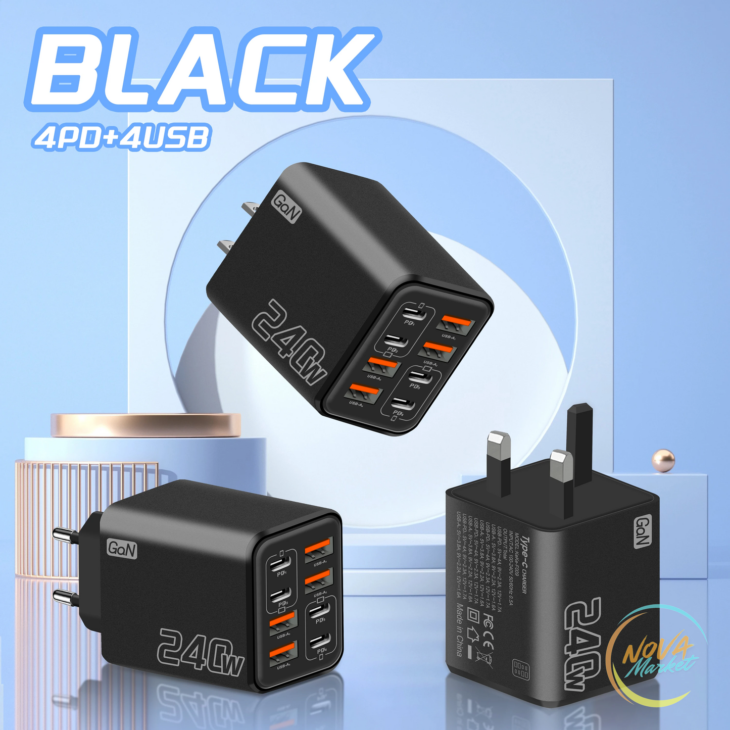 Caricatore USB C GaN 240W 8 in 1 da parete