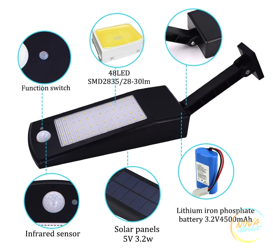 Lampada solare da parete 48 LED con telecomando impermeabile