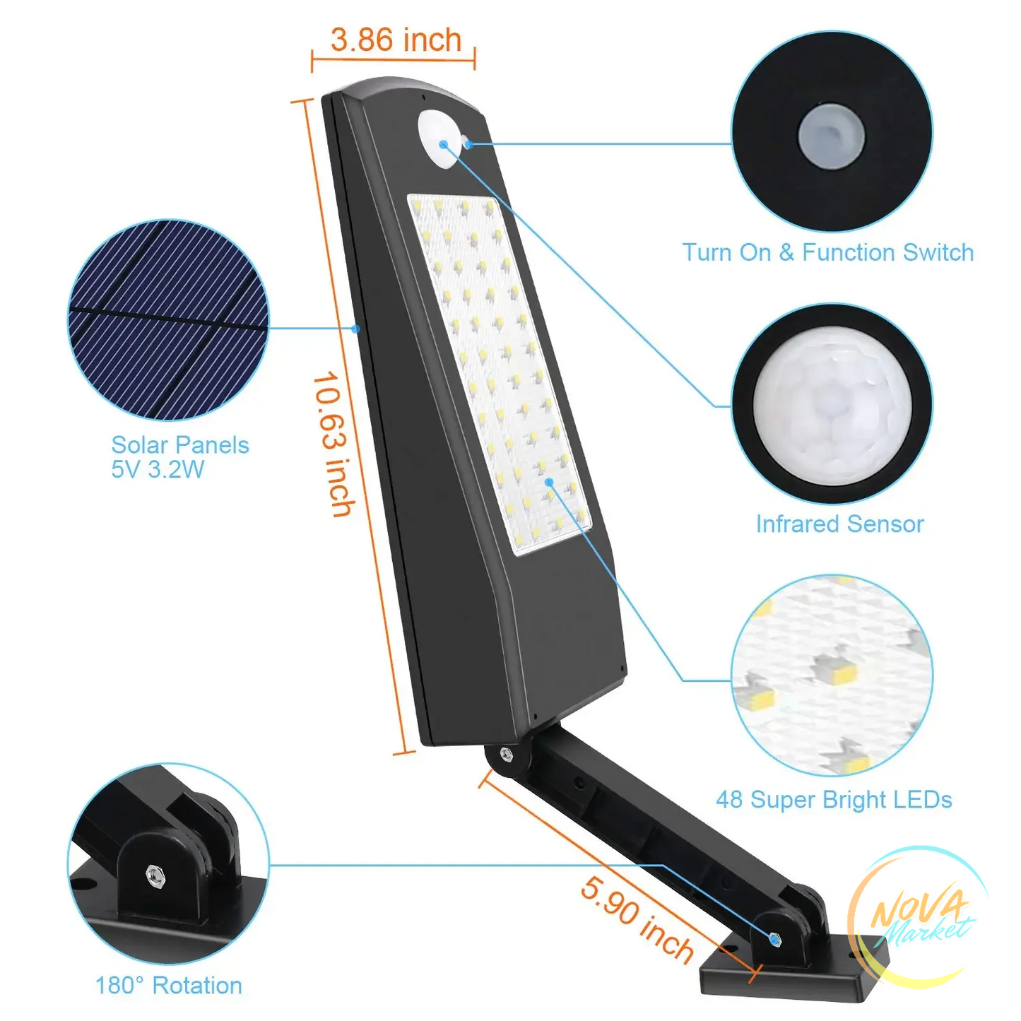 Lampada solare da parete 48 LED con telecomando impermeabile