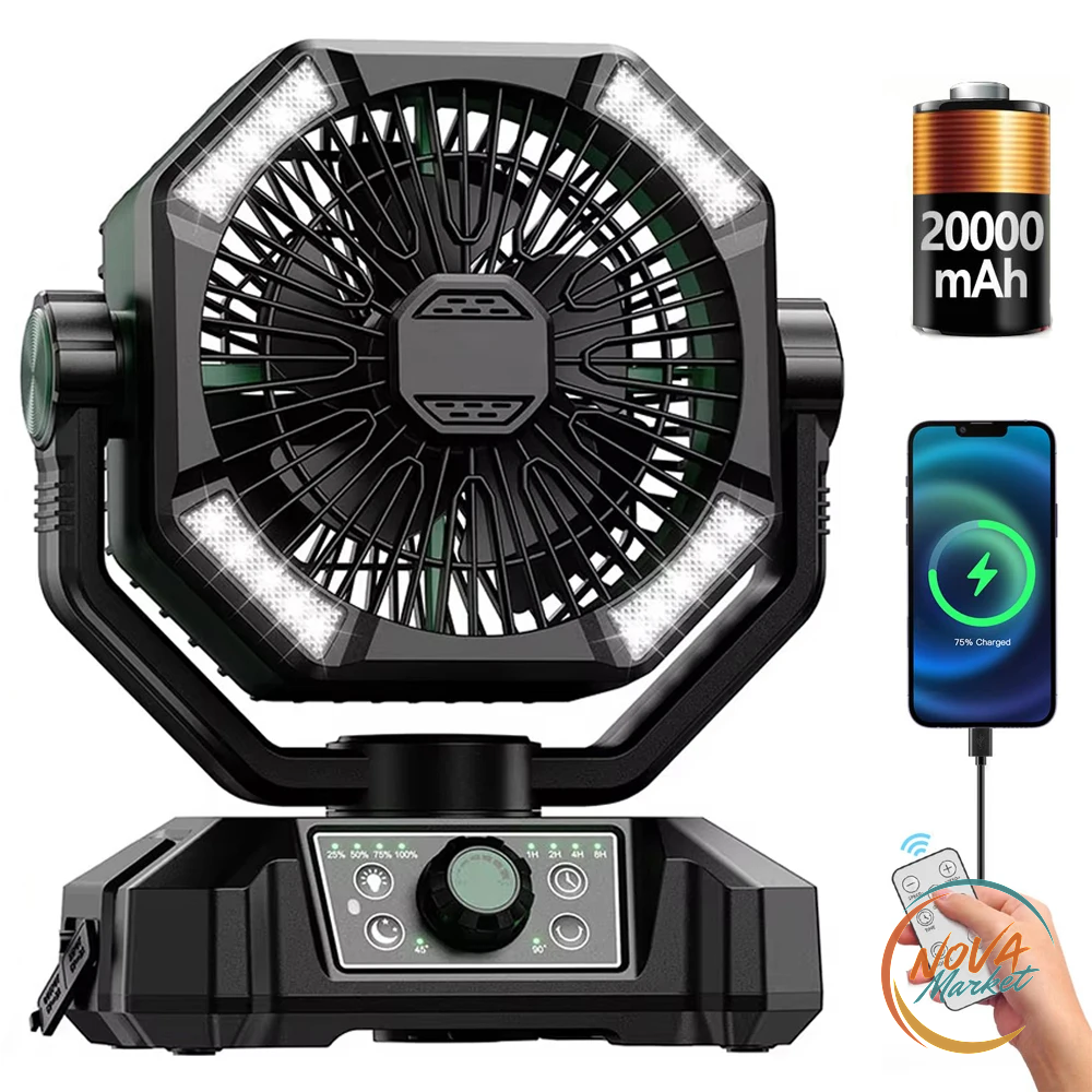 Ventilatore da campeggio ricaricabile 20000 mAh con lanterna LED