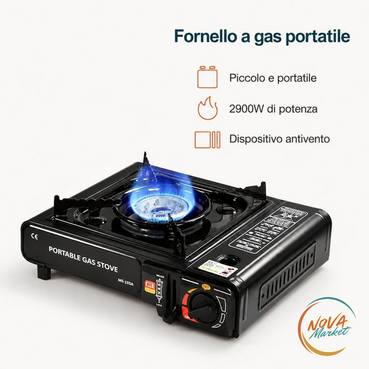 Fornello a Gas Portatile 2900 W con Anello Antivento