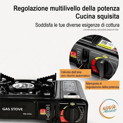 Fornello a Gas Portatile 2900 W con Anello Antivento