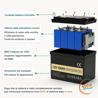 Batteria LiFePO4 12V 100Ah, 1280Wh per camper e barche