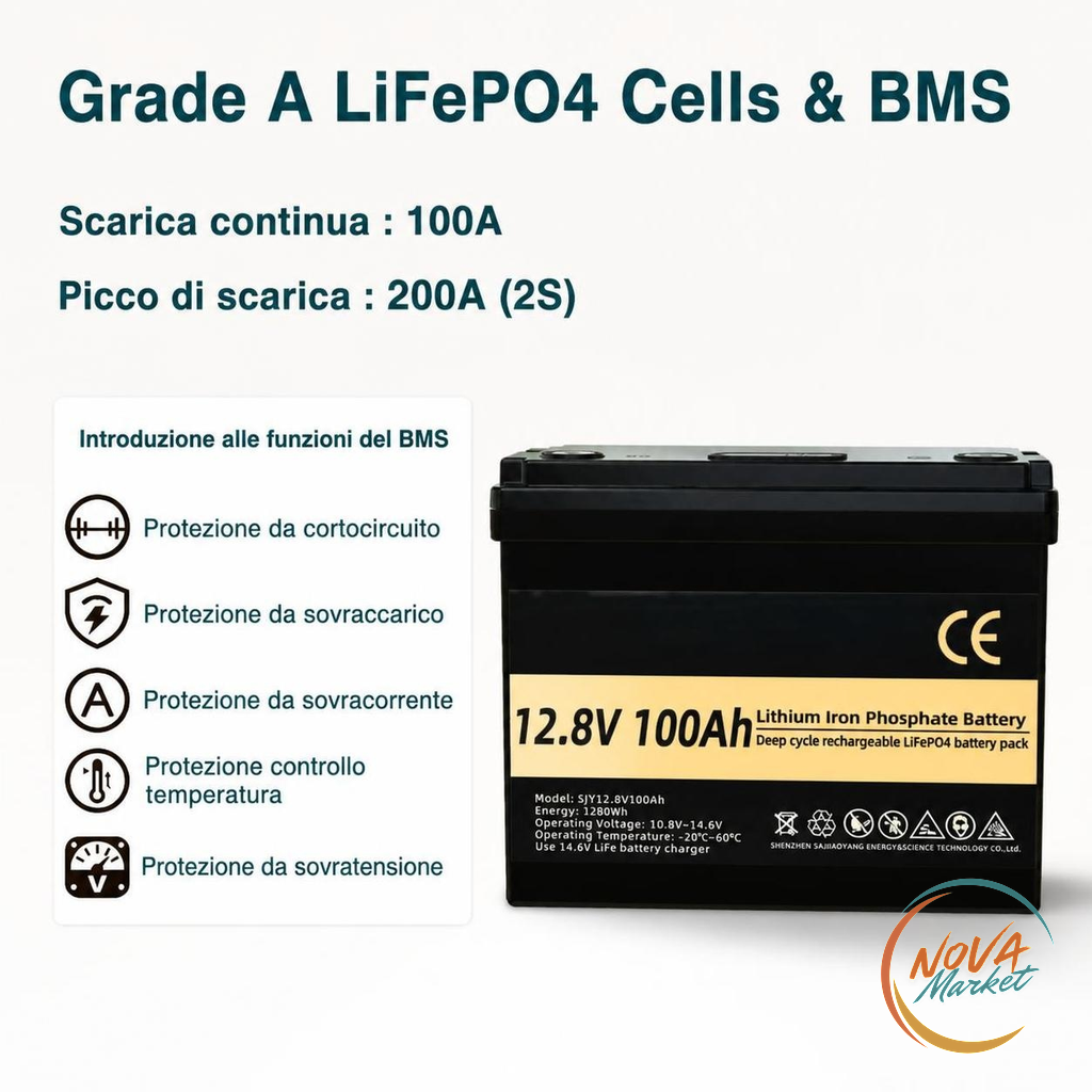 Batteria LiFePO4 12V 100Ah, 1280Wh per camper e barche