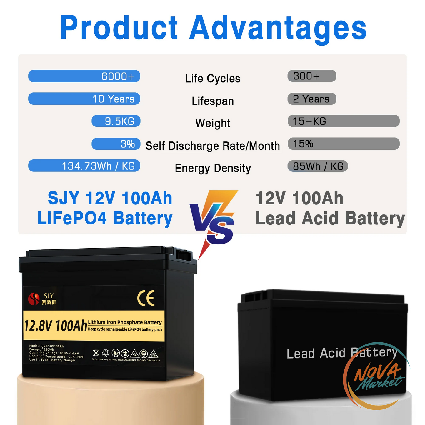 Batteria LiFePO4 12V 100Ah, 1280Wh per camper e barche