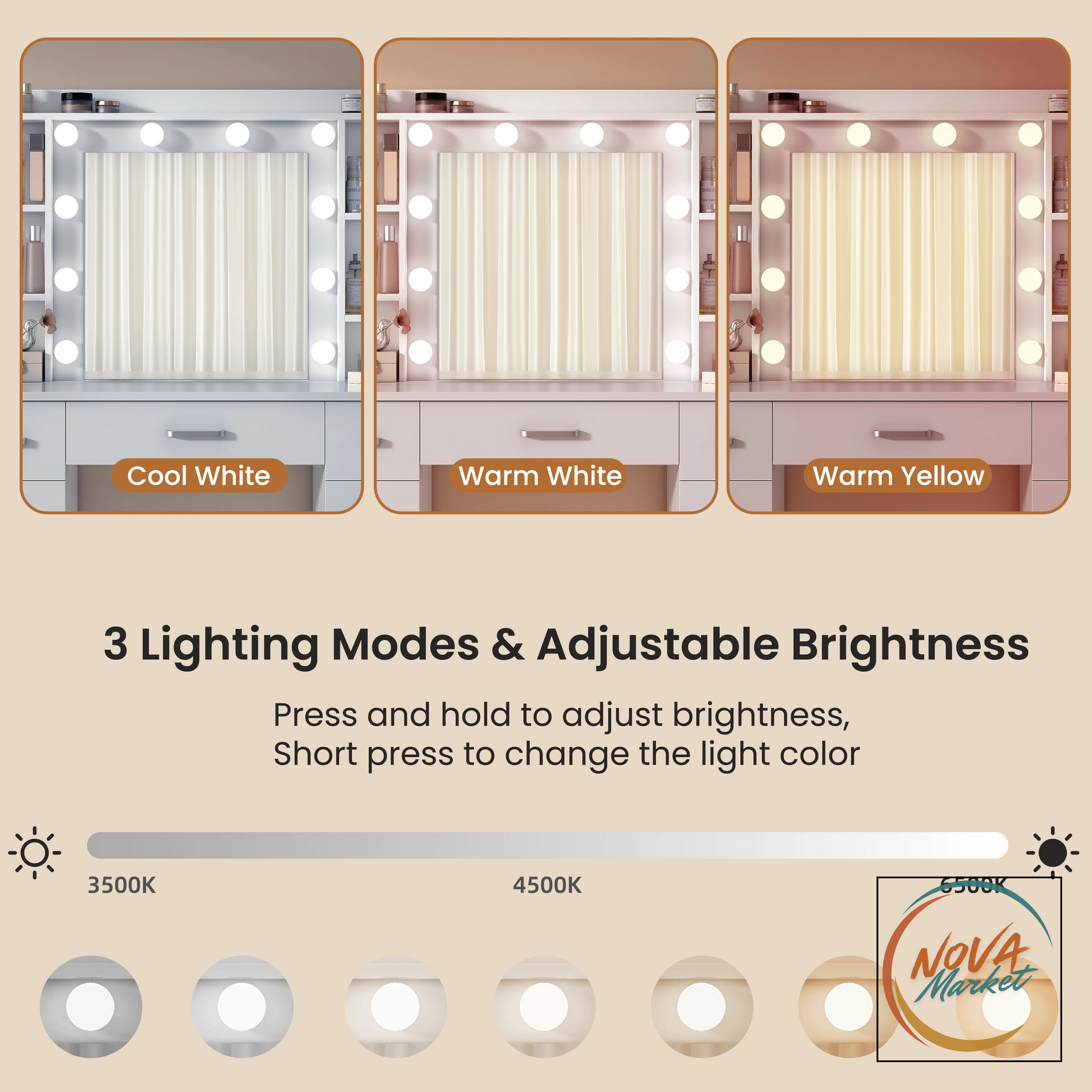 Toeletta Hollywood bianca con LED e 9 cassetti