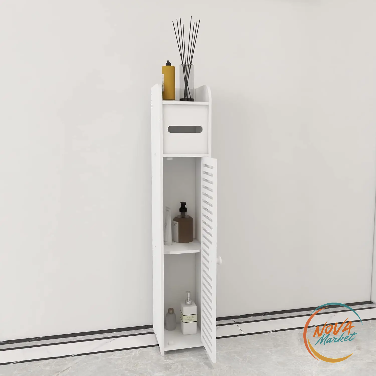 Armadietto da bagno stretto e alto bianco